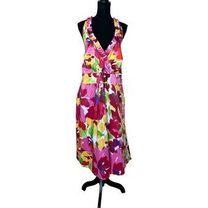 NWT Blu Sage Floral Halter Ruffled Trim V- Neck Sundress
